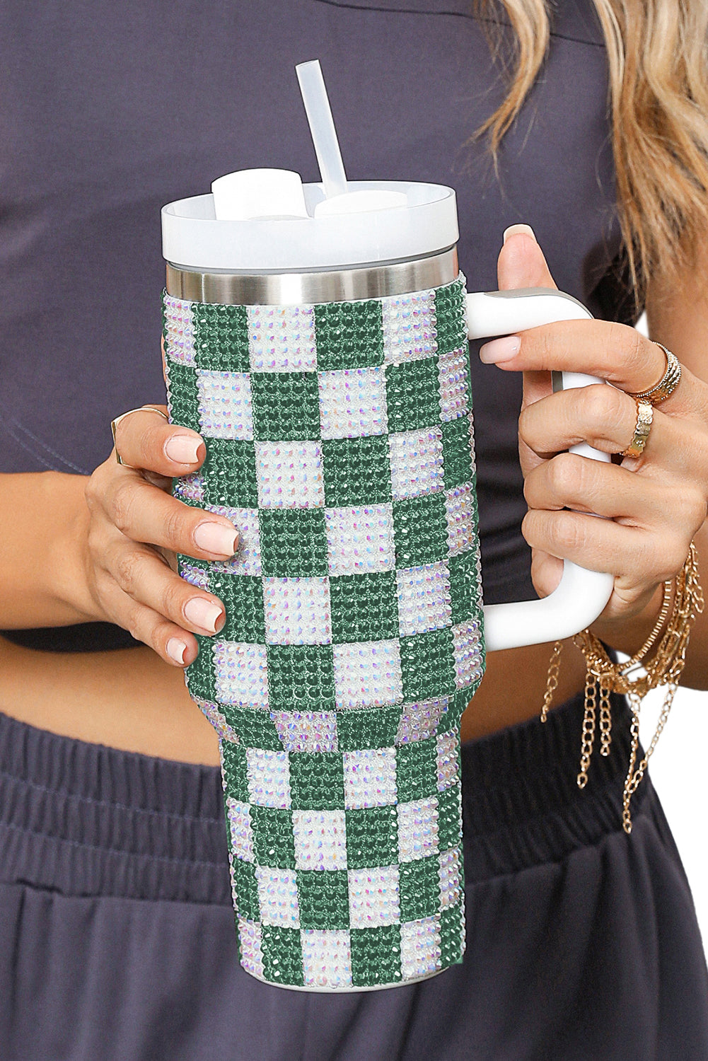 Ginger 40oz Rhinestone Checkered Tumbler Cup - MAD RUFFI