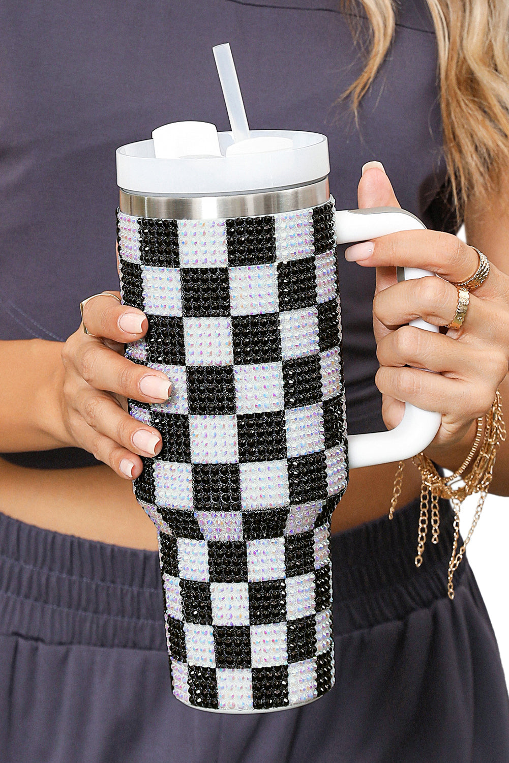 Ginger 40oz Rhinestone Checkered Tumbler Cup - MAD RUFFI