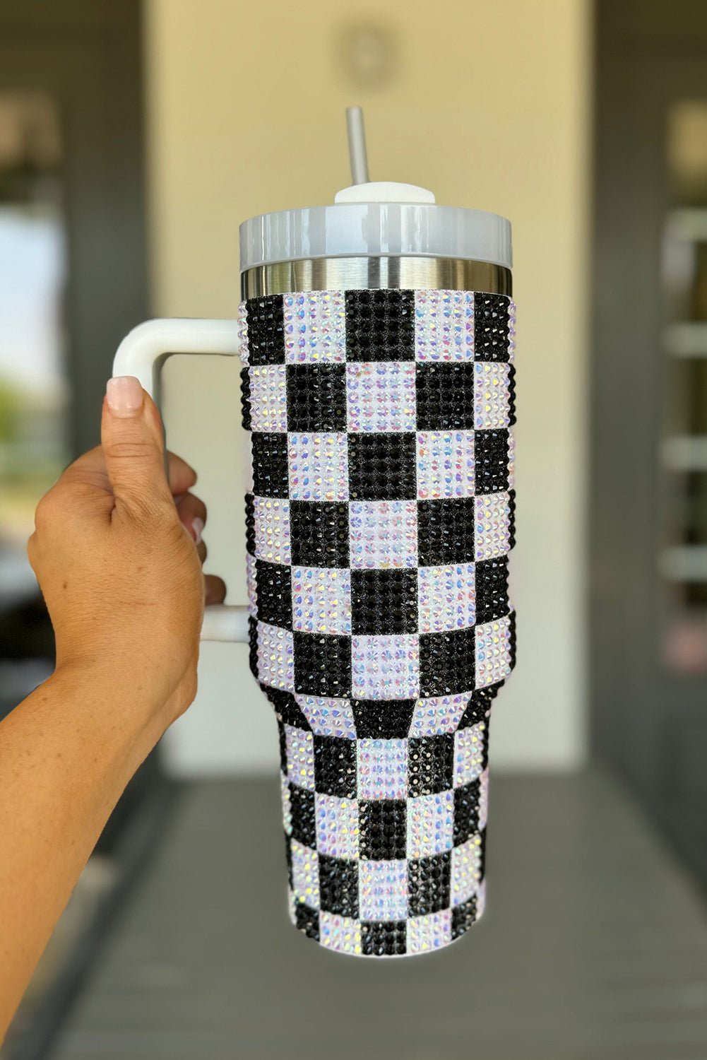 Ginger 40oz Rhinestone Checkered Tumbler Cup - MAD RUFFI