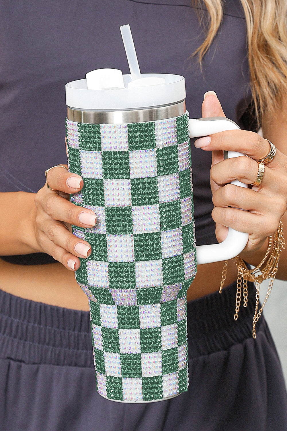 Ginger 40oz Rhinestone Checkered Tumbler Cup - MAD RUFFI