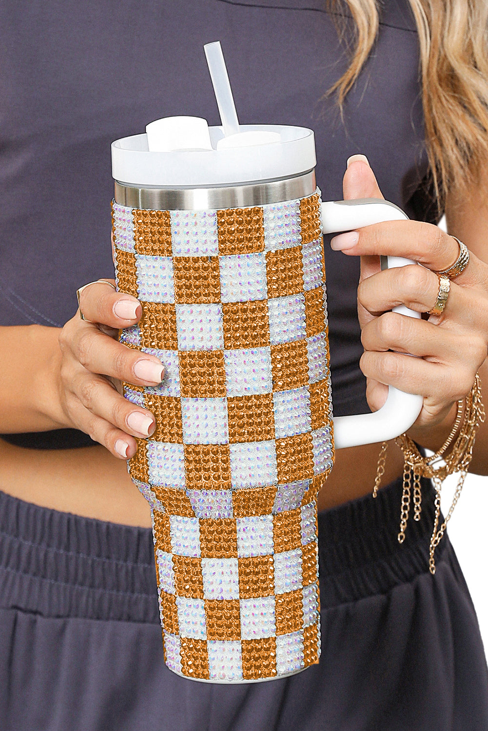 Ginger 40oz Rhinestone Checkered Tumbler Cup - MAD RUFFI