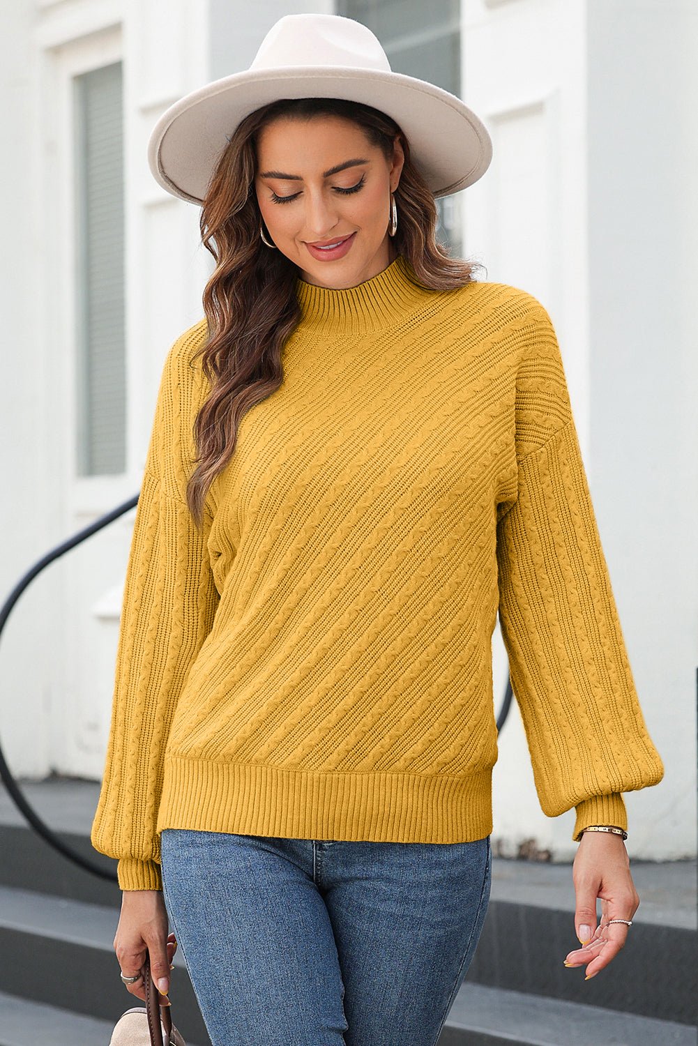Ginger Solid Color Textured Knit High Neck Drop Shoulder Sweater - MAD RUFFI