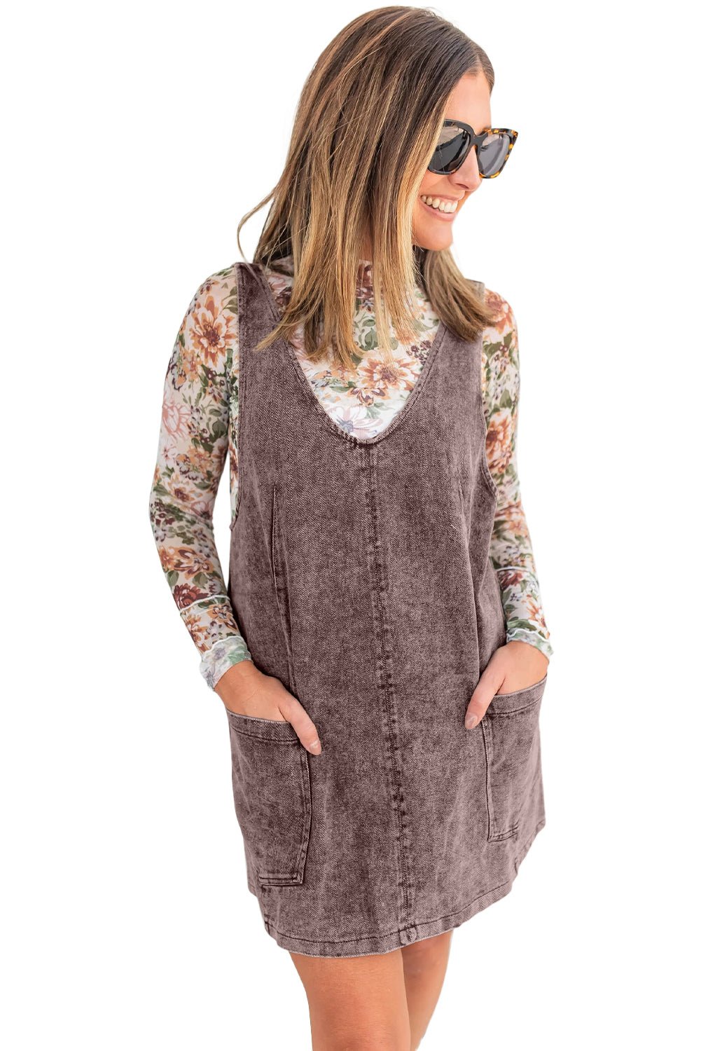 Goat Vintage Washed Denim V Neck Suspender Mini Dress - MAD RUFFI