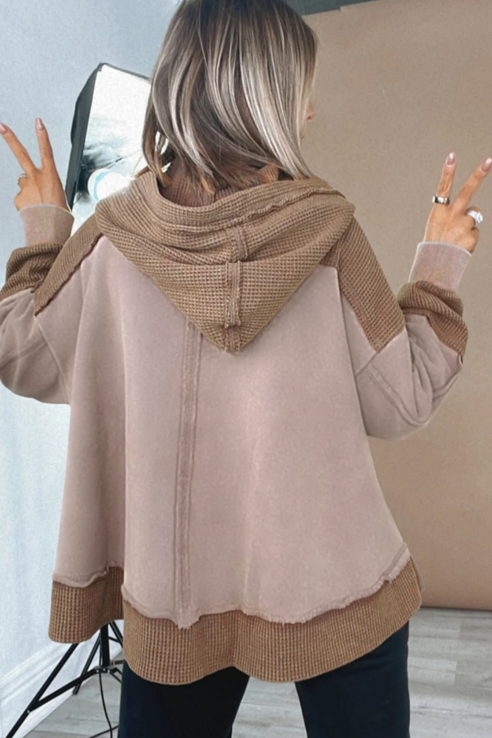 Goat Waffle Patchwork Exposed Seam Oversized Hoodie - MAD RUFFI