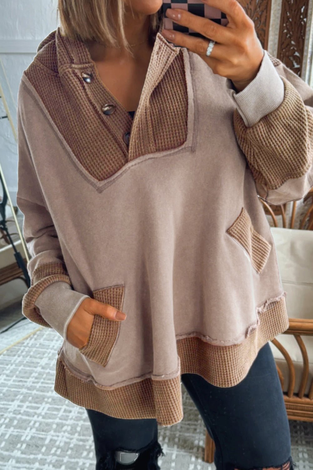 Goat Waffle Patchwork Exposed Seam Oversized Hoodie - MAD RUFFI