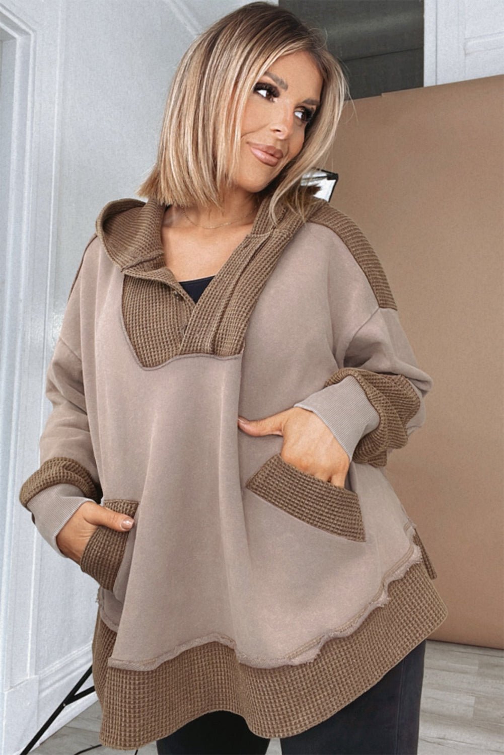Goat Waffle Patchwork Plus Size Pocketed Hoodie - MAD RUFFI