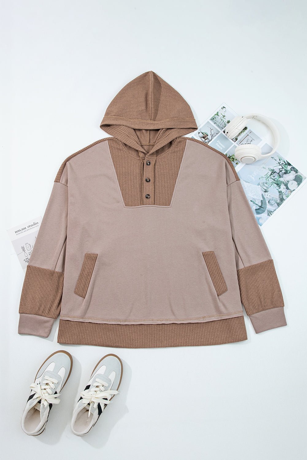 Goat Waffle Patchwork Plus Size Pocketed Hoodie - MAD RUFFI