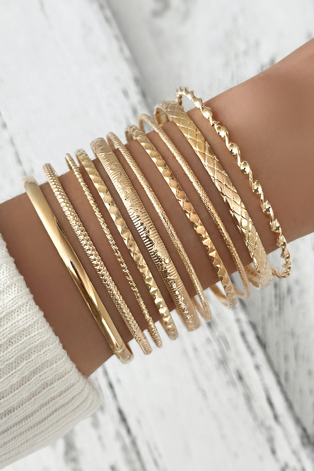 Gold 10pcs Textured Twisted Stackable Alloy Bracelet Set - Gold / ONE SIZE - Bracelets