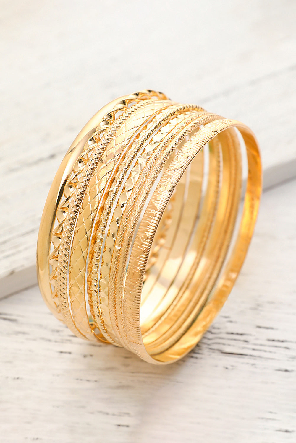 Gold 10pcs Textured Twisted Stackable Alloy Bracelet Set - Gold / ONE SIZE - Bracelets