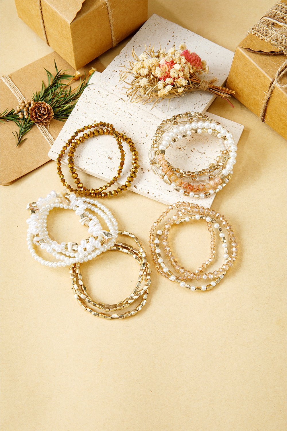 Gold 17pcs Baroque Style Pearl Crystal Beads Multi Layer Bracelet Set - MAD RUFFI