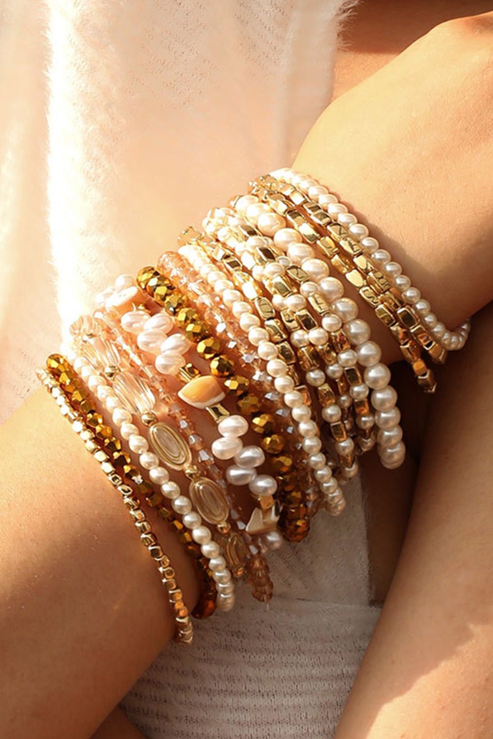 Gold 17pcs Baroque Style Pearl Crystal Beads Multi Layer Bracelet Set - MAD RUFFI