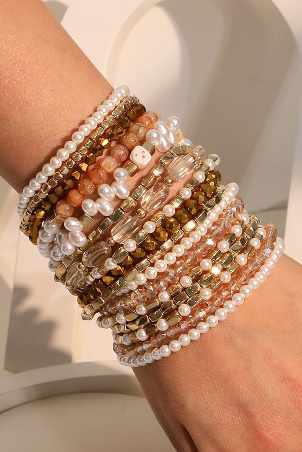 Gold 17pcs Baroque Style Pearl Crystal Beads Multi Layer Bracelet Set - MAD RUFFI