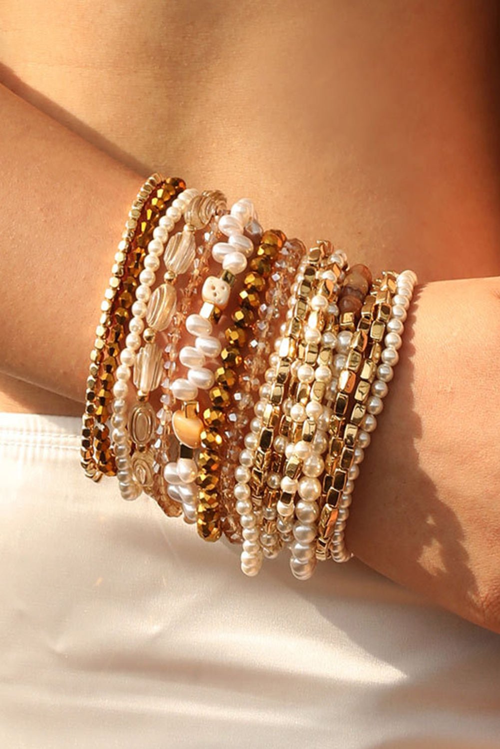 Gold 17pcs Baroque Style Pearl Crystal Beads Multi Layer Bracelet Set - MAD RUFFI
