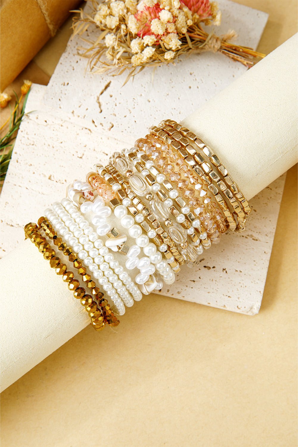 Gold 17pcs Baroque Style Pearl Crystal Beads Multi Layer Bracelet Set - MAD RUFFI