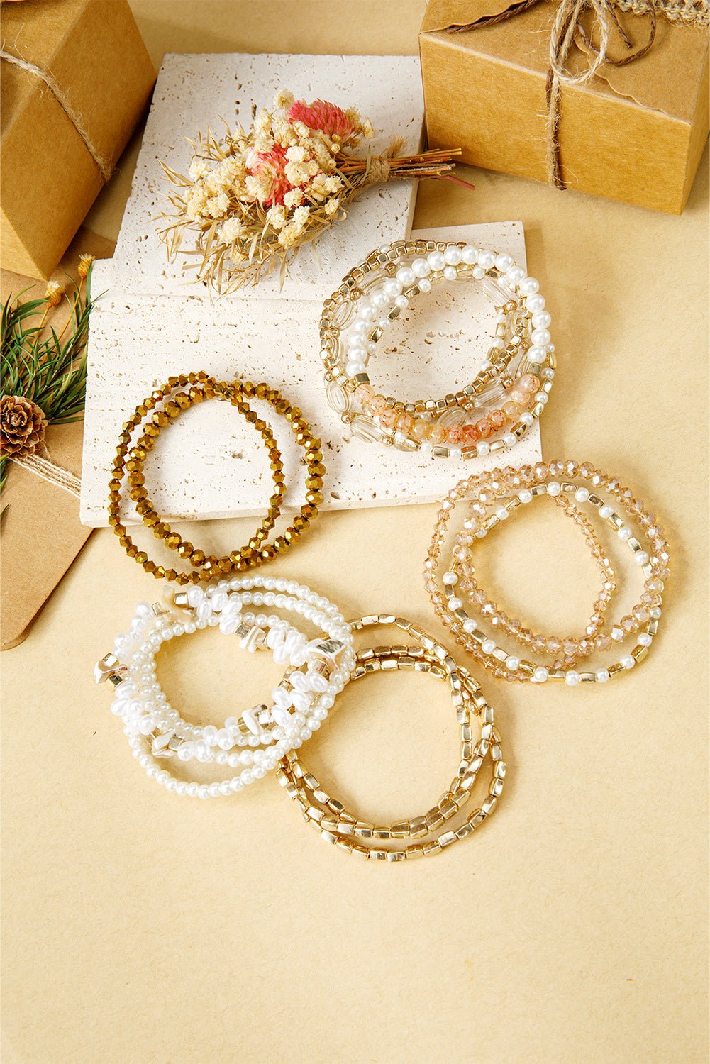 Gold 17pcs Baroque Style Pearl Crystal Beads Multi Layer Bracelet Set - MAD RUFFI