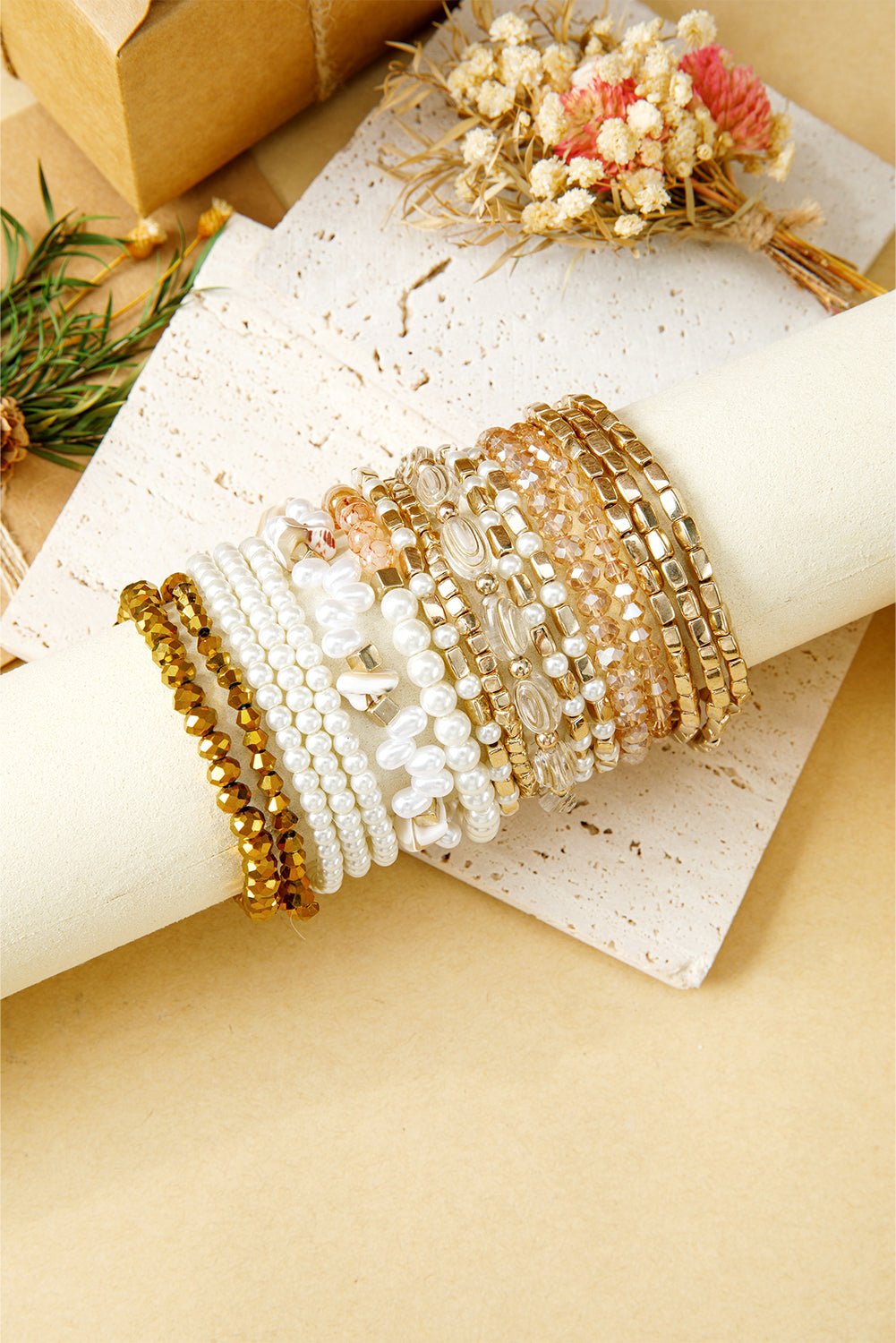 Gold 17pcs Baroque Style Pearl Crystal Beads Multi Layer Bracelet Set - MAD RUFFI