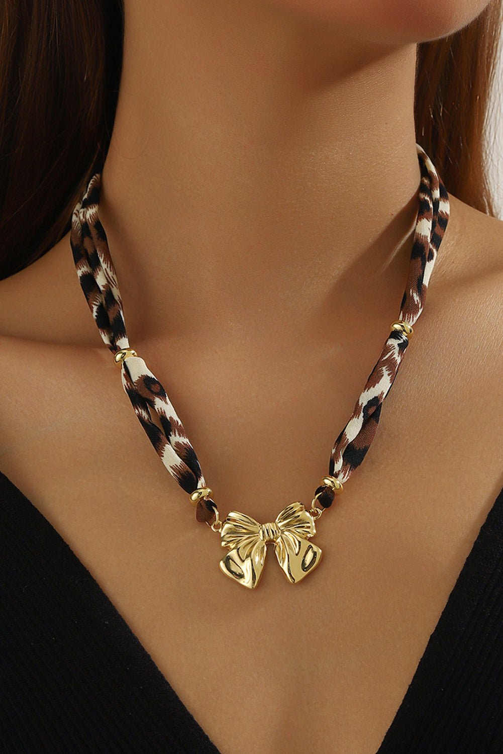 Gold Bowknot Pendant Leopard Scarf Necklace - MAD RUFFI