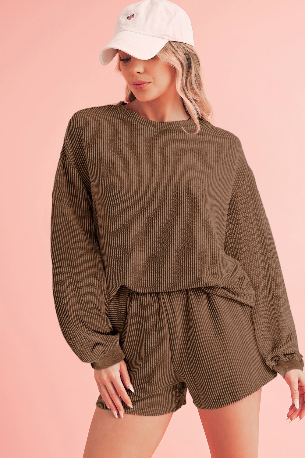 Gold Flame Corded Long Sleeve Top and High Waist Shorts Set - MAD RUFFI