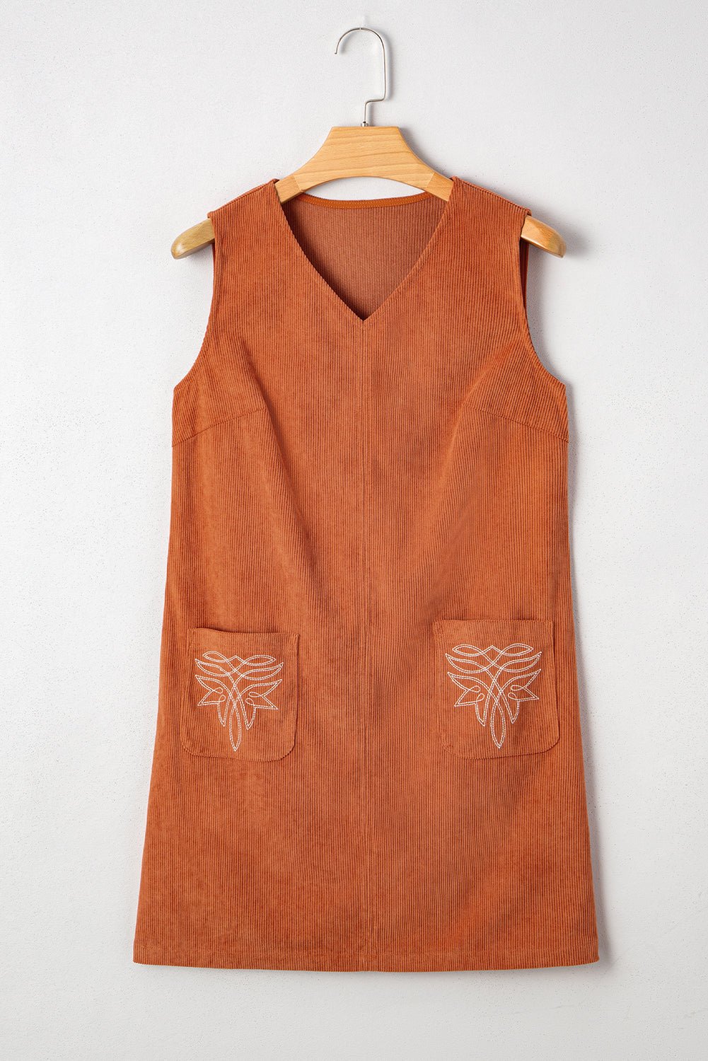 Gold Flame Corduroy Embroidered Patch Pocket Sleeveless Mini Dress - MAD RUFFI