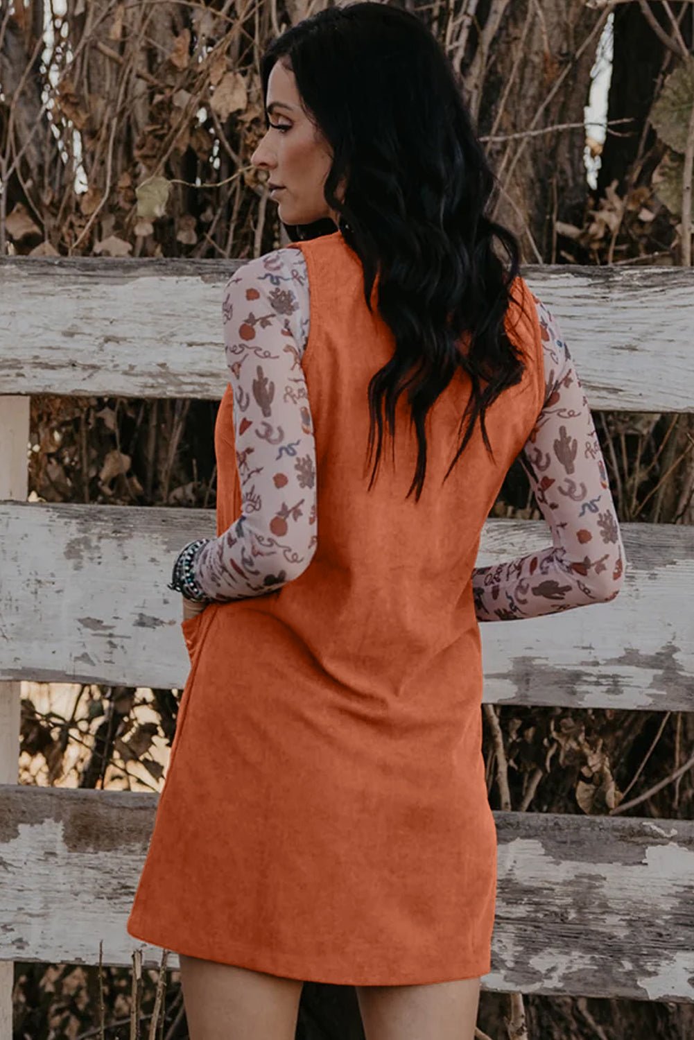 Gold Flame Corduroy Embroidered Patch Pocket Sleeveless Mini Dress - MAD RUFFI