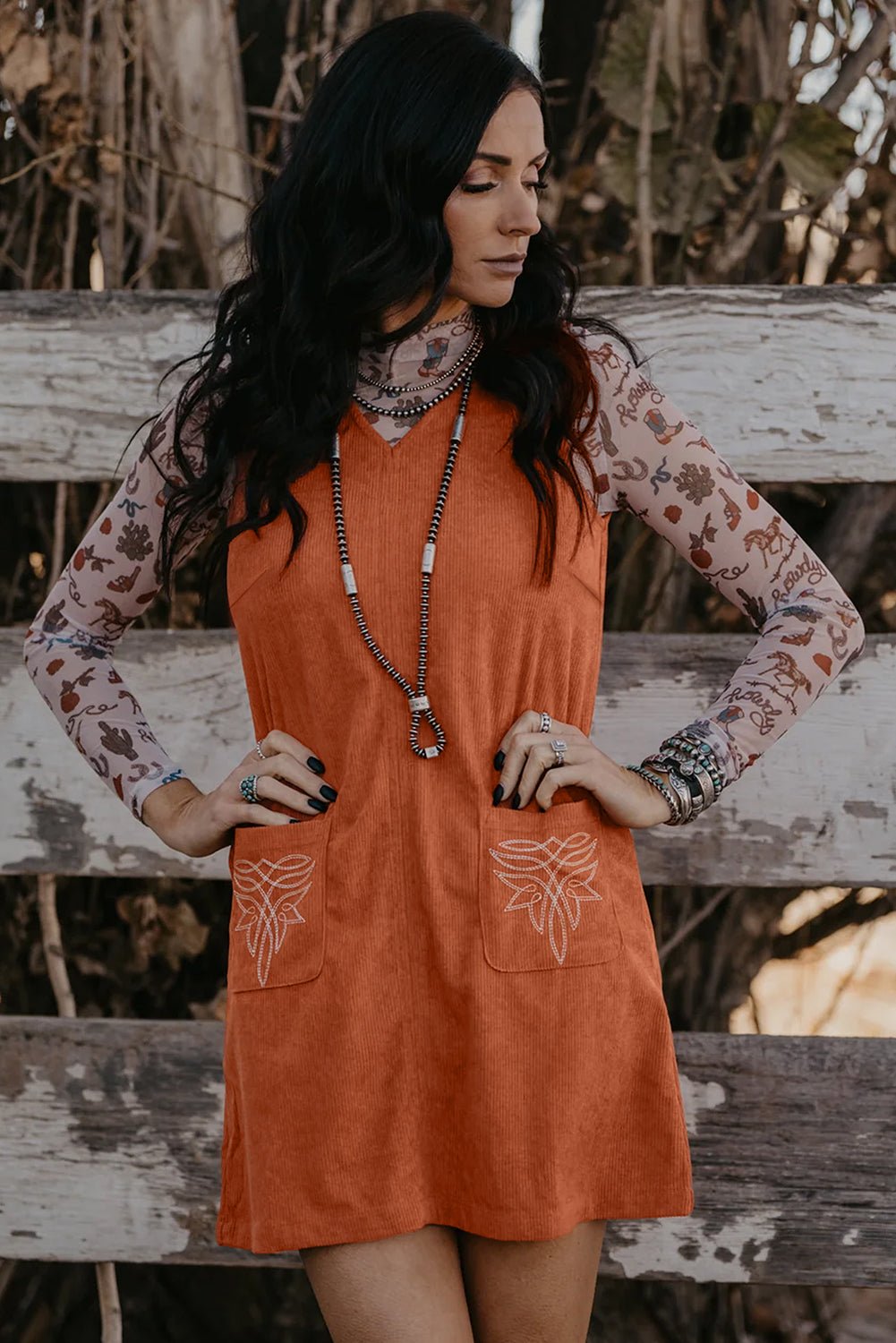 Gold Flame Corduroy Embroidered Patch Pocket Sleeveless Mini Dress - MAD RUFFI