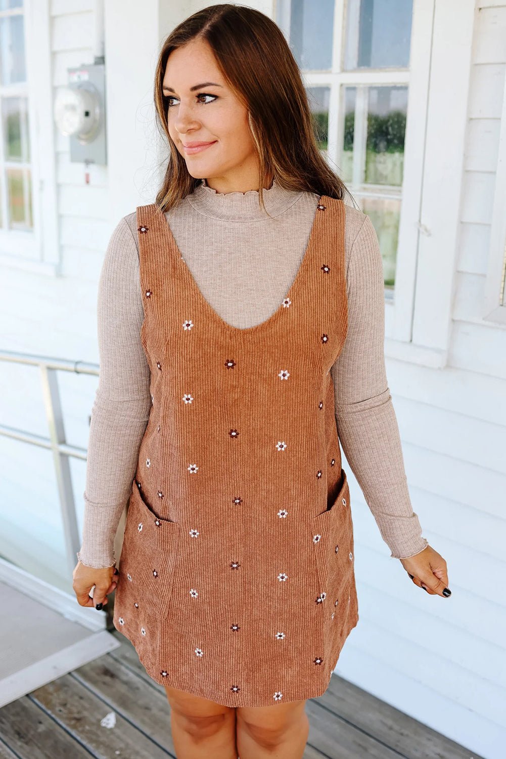 Gold Flame Flower Embroidered Corduroy Overall Mini Dress - MAD RUFFI