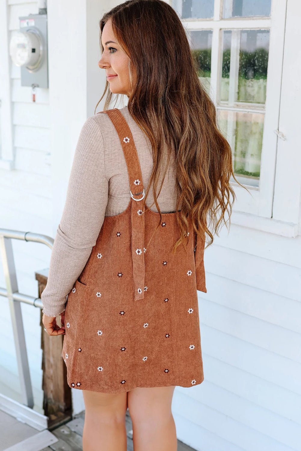 Gold Flame Flower Embroidered Corduroy Overall Mini Dress - MAD RUFFI