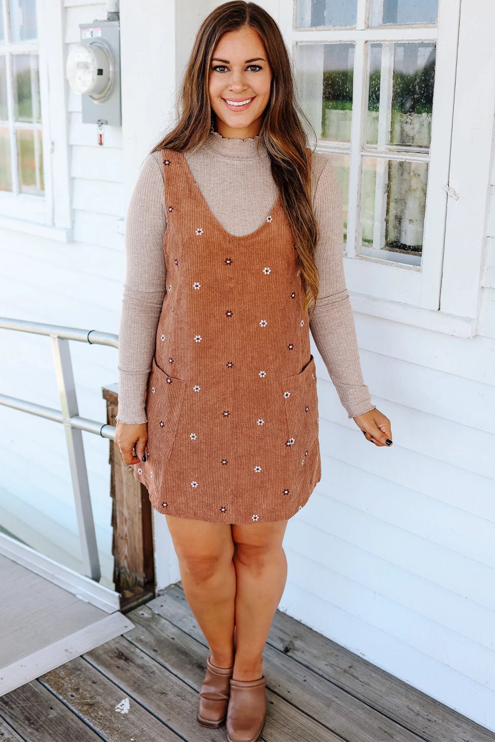 Gold Flame Flower Embroidered Corduroy Overall Mini Dress - MAD RUFFI