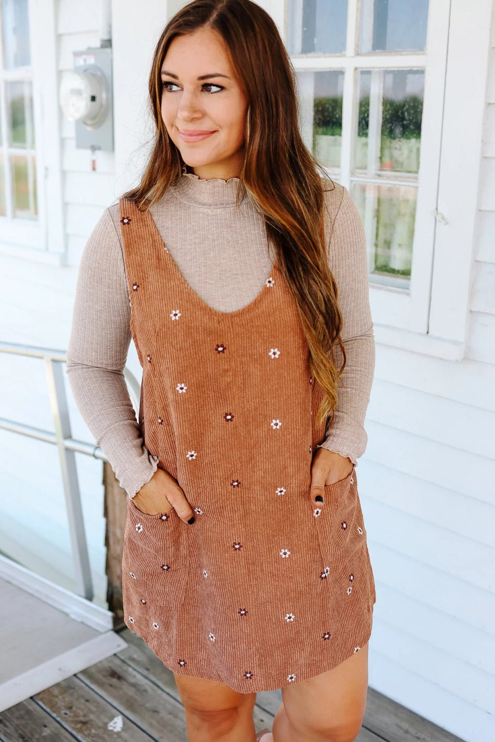 Gold Flame Flower Embroidered Corduroy Overall Mini Dress - MAD RUFFI