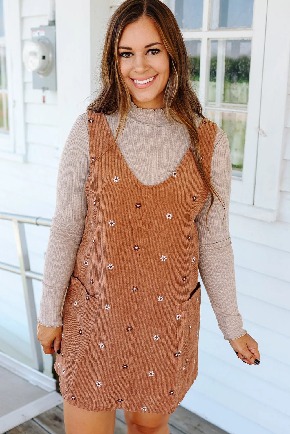 Gold Flame Flower Embroidered Corduroy Overall Mini Dress - MAD RUFFI