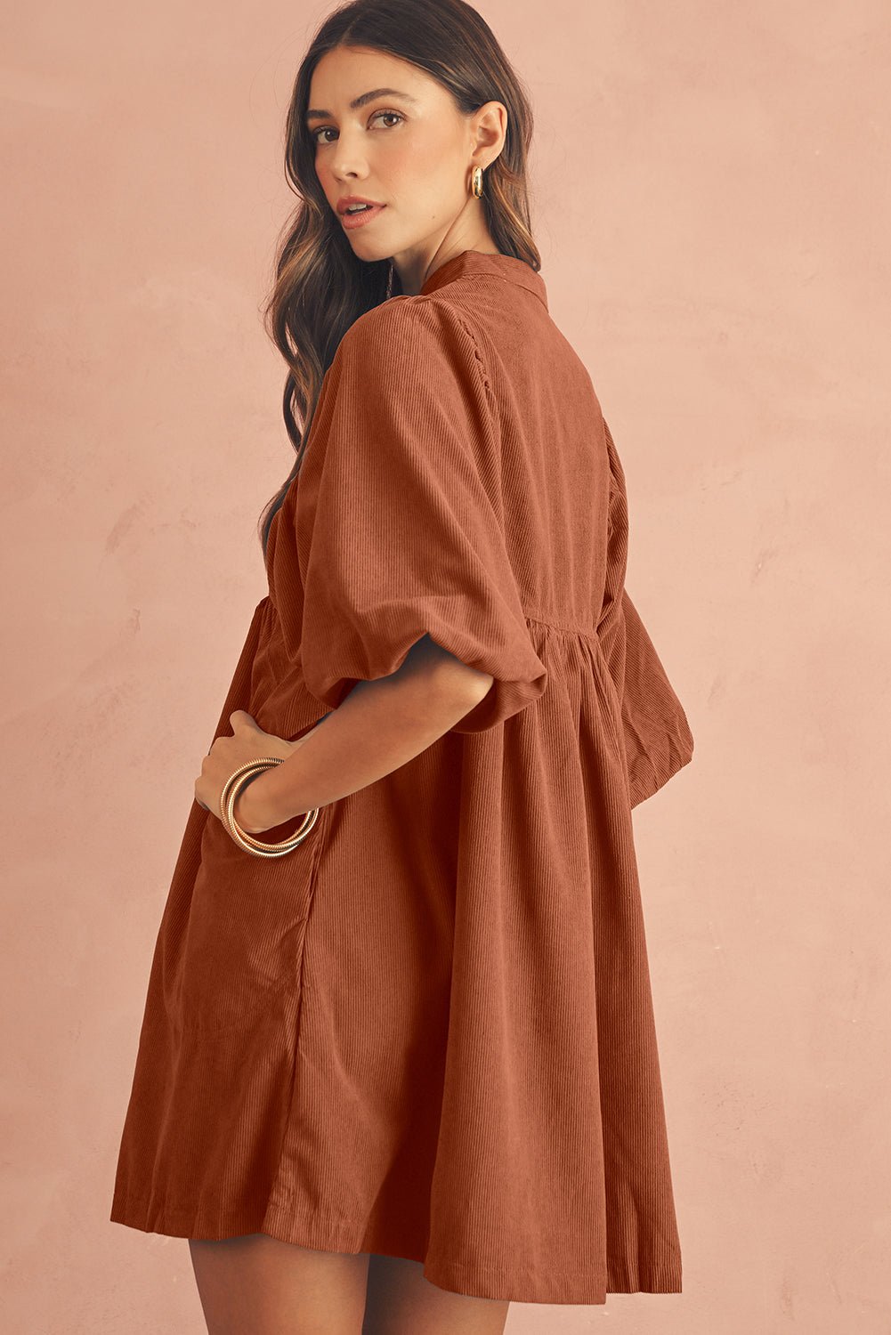 Gold Flame Light Snap Button Empire Waist Lantern Sleeve Corduroy Dress - MAD RUFFI