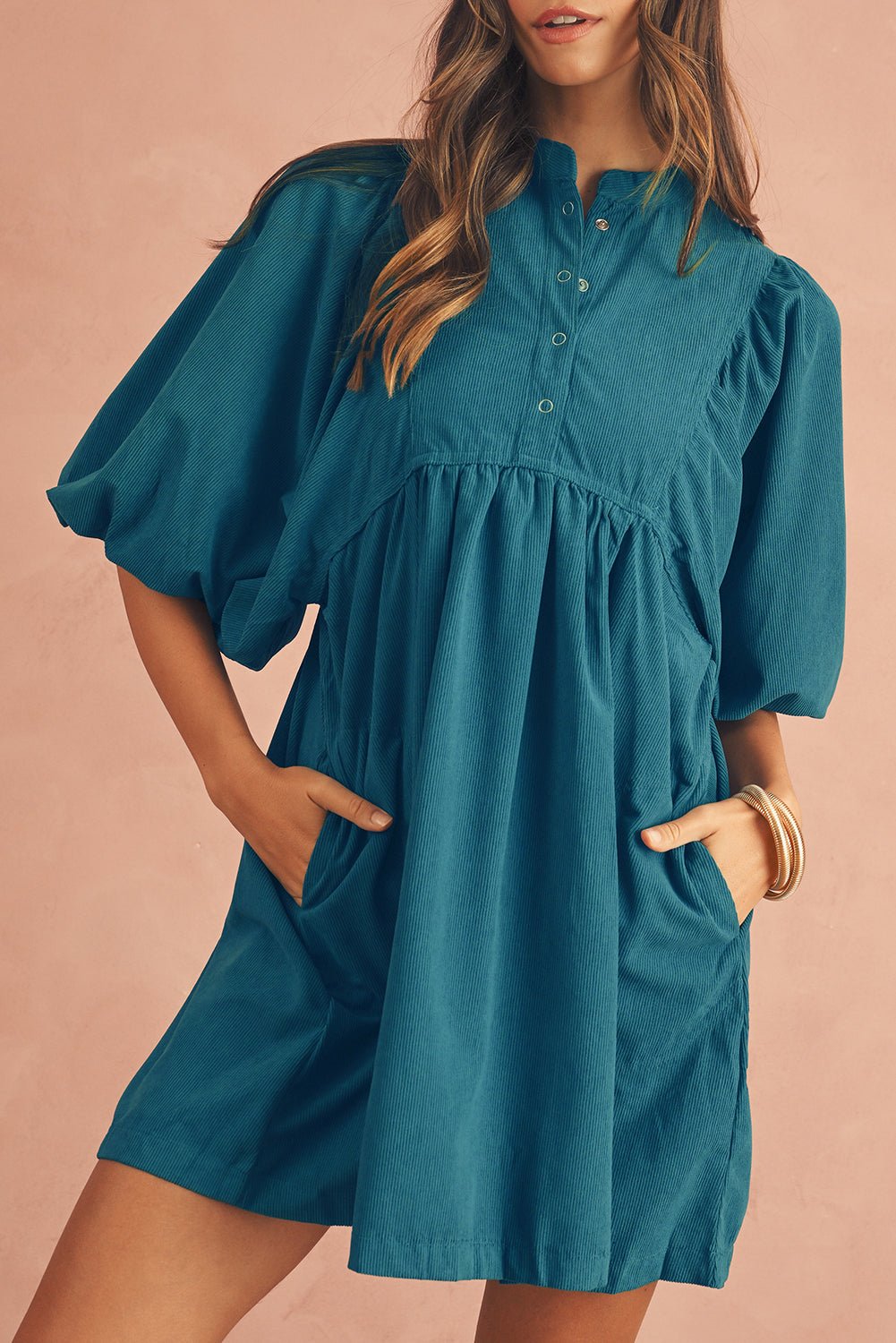 Gold Flame Light Snap Button Empire Waist Lantern Sleeve Corduroy Dress - MAD RUFFI Gold Flame Light Snap Button Empire Waist Lantern Sleeve Corduroy Dress - MAD RUFFI