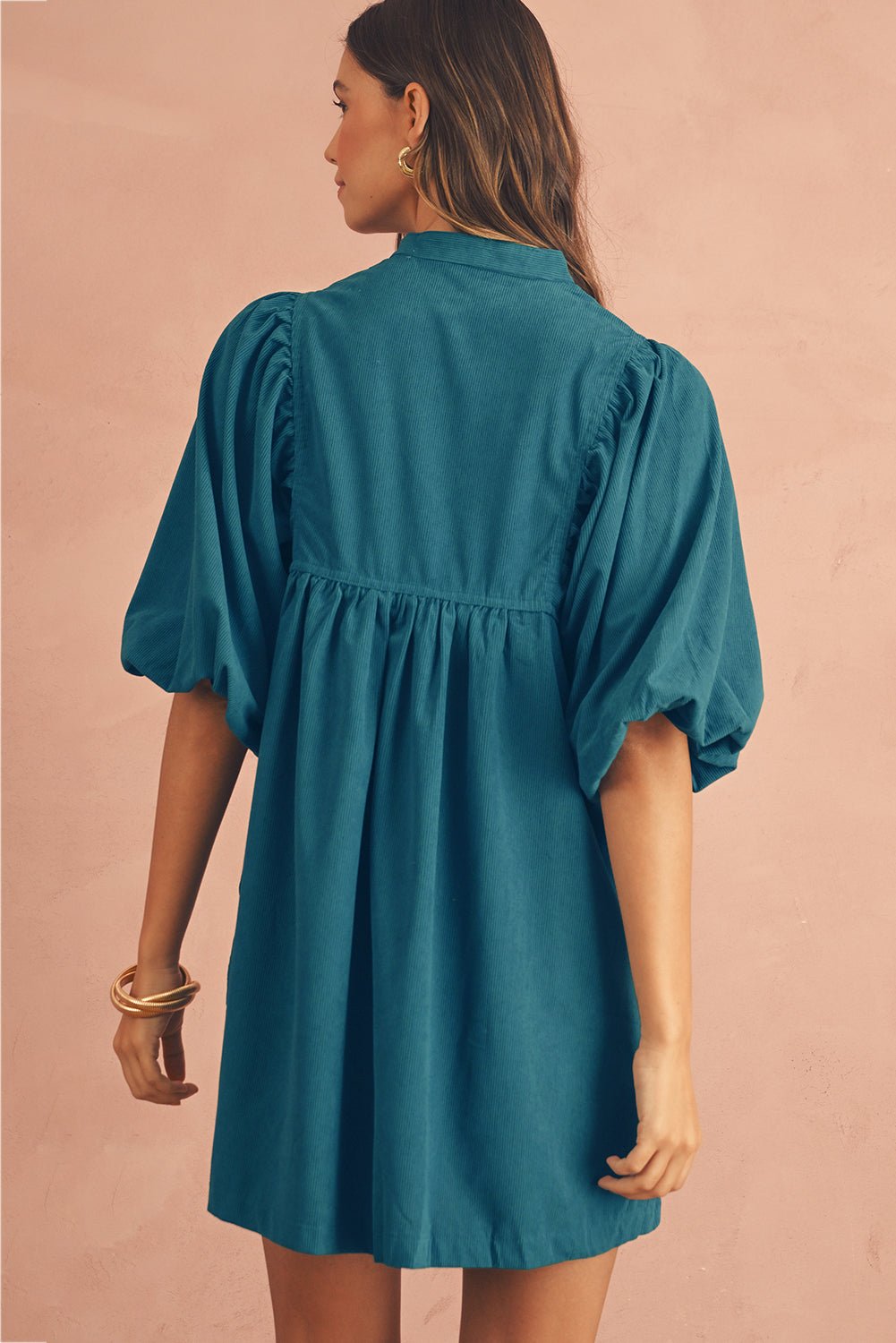 Gold Flame Light Snap Button Empire Waist Lantern Sleeve Corduroy Dress - MAD RUFFI Gold Flame Light Snap Button Empire Waist Lantern Sleeve Corduroy Dress - MAD RUFFI