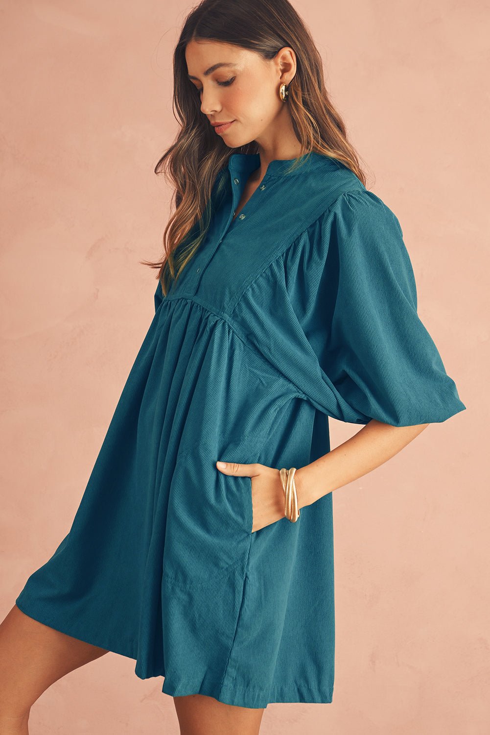 Gold Flame Light Snap Button Empire Waist Lantern Sleeve Corduroy Dress - MAD RUFFI