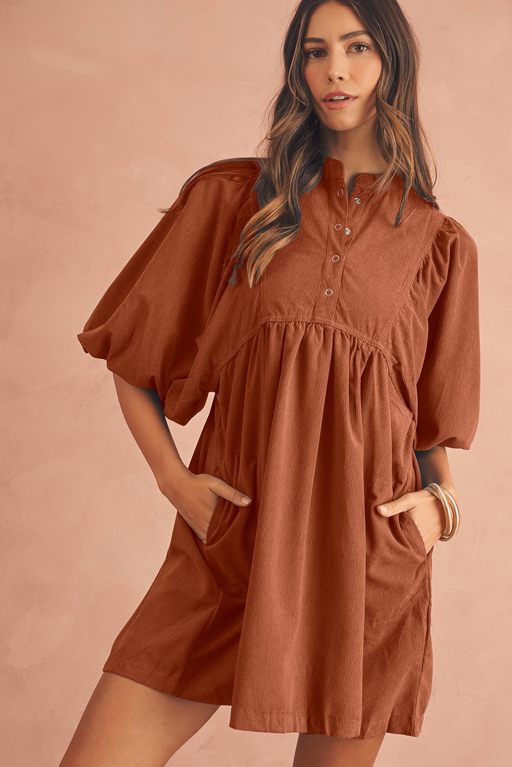 Gold Flame Light Snap Button Empire Waist Lantern Sleeve Corduroy Dress - MAD RUFFI Gold Flame Light Snap Button Empire Waist Lantern Sleeve Corduroy Dress - MAD RUFFI
