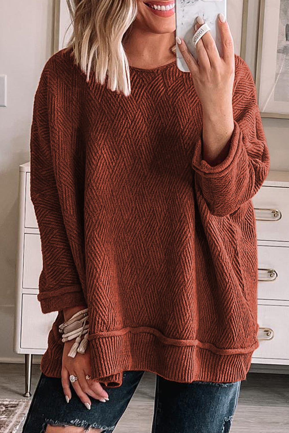 Gold Flame Loose Round Neck Textured Sweater - MAD RUFFI