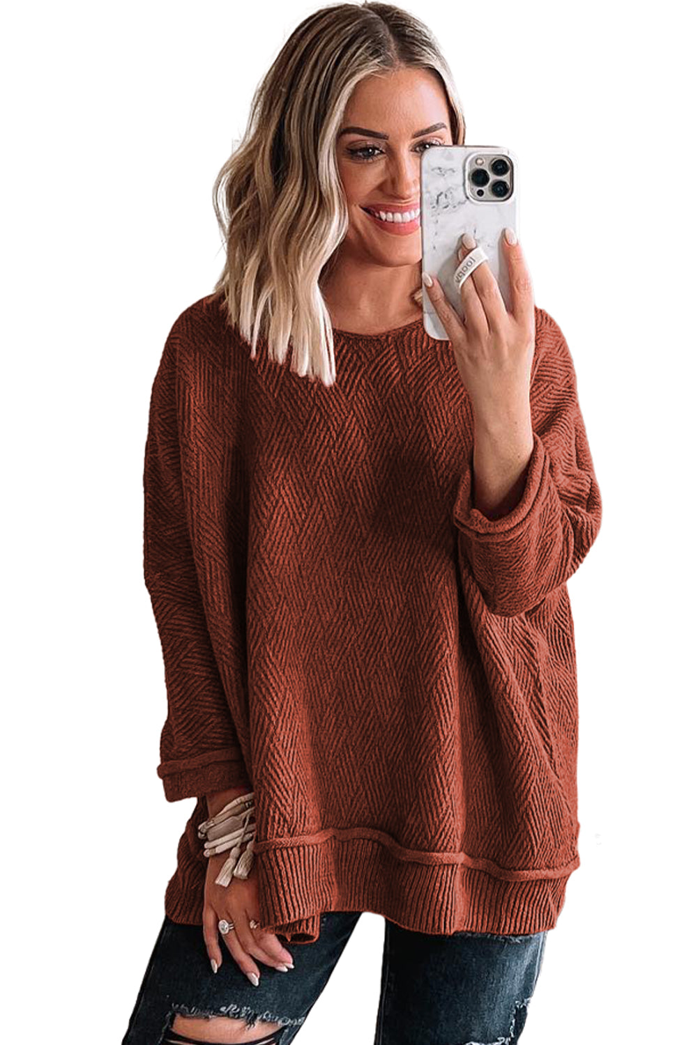 Gold Flame Loose Round Neck Textured Sweater - MAD RUFFI