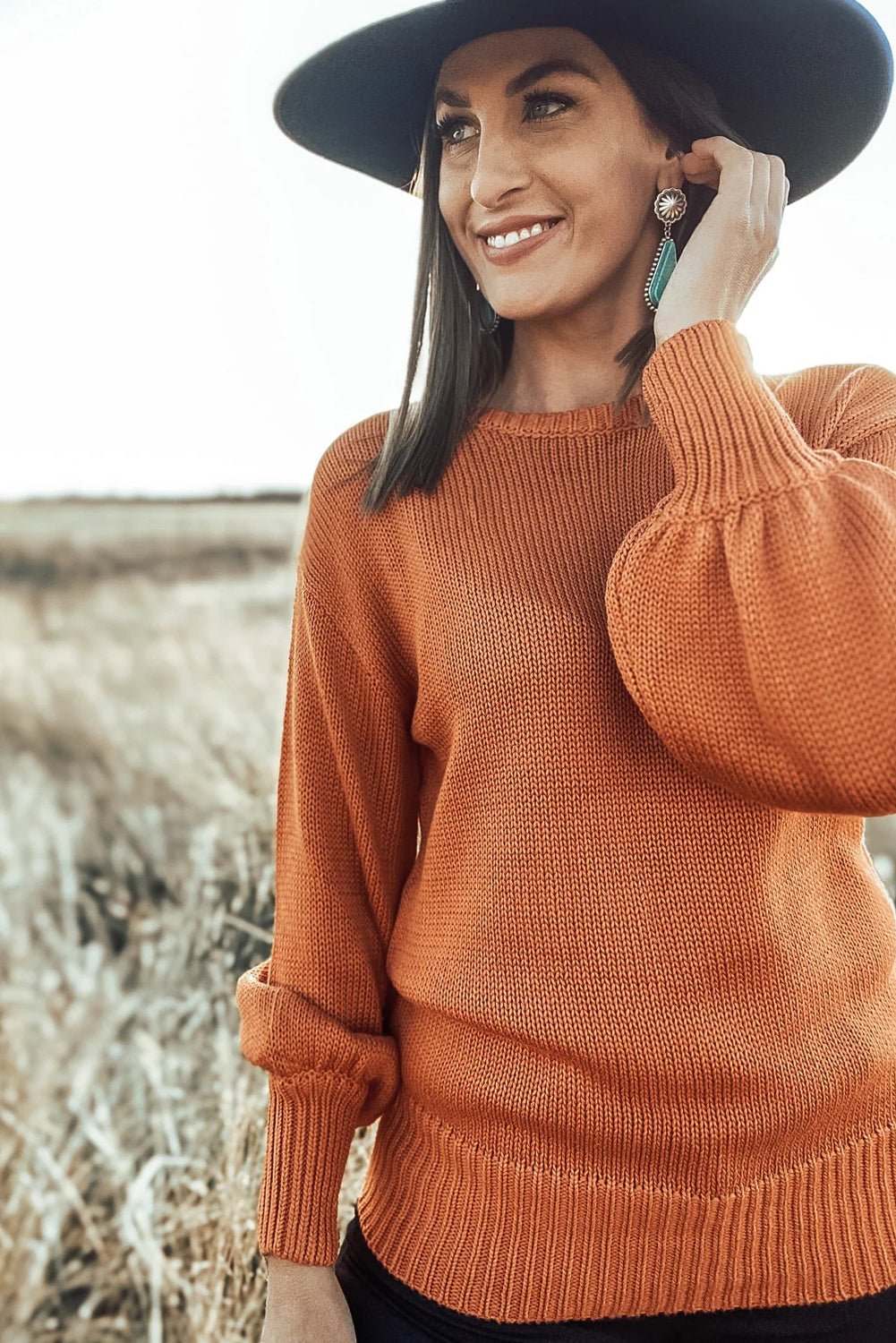 Gold Flame Solid Color Ribbed Trim Drop Shoulder Sweater - MAD RUFFI