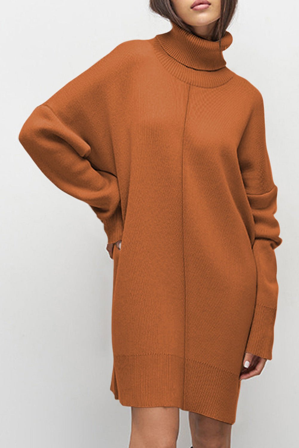 Gold Flame Solid Color Turtleneck Drop Shoulder Loose Sweater Dress - MAD RUFFI