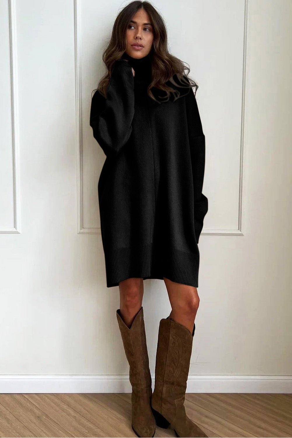 Gold Flame Solid Color Turtleneck Drop Shoulder Loose Sweater Dress - MAD RUFFI