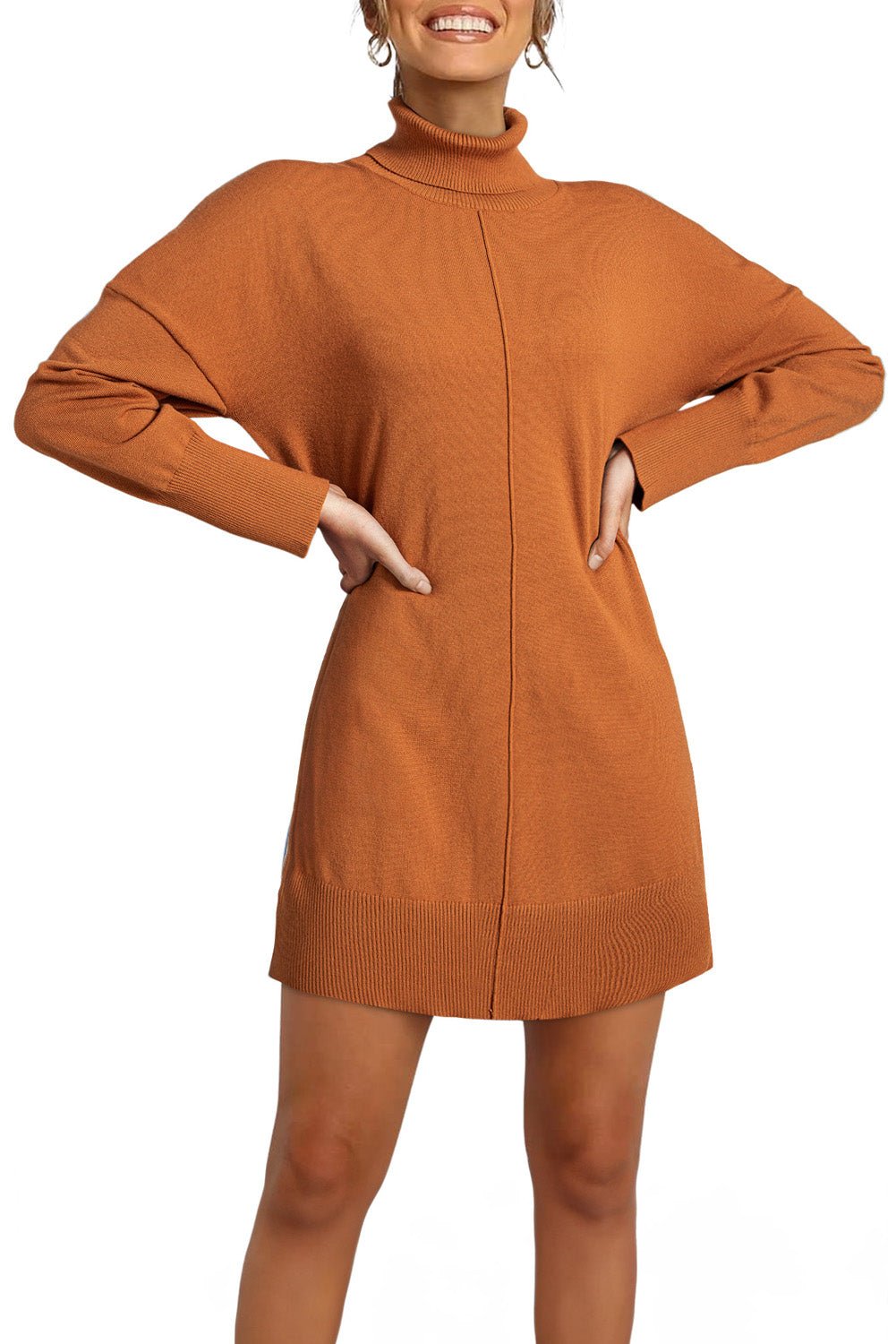Gold Flame Solid Color Turtleneck Drop Shoulder Loose Sweater Dress - MAD RUFFI