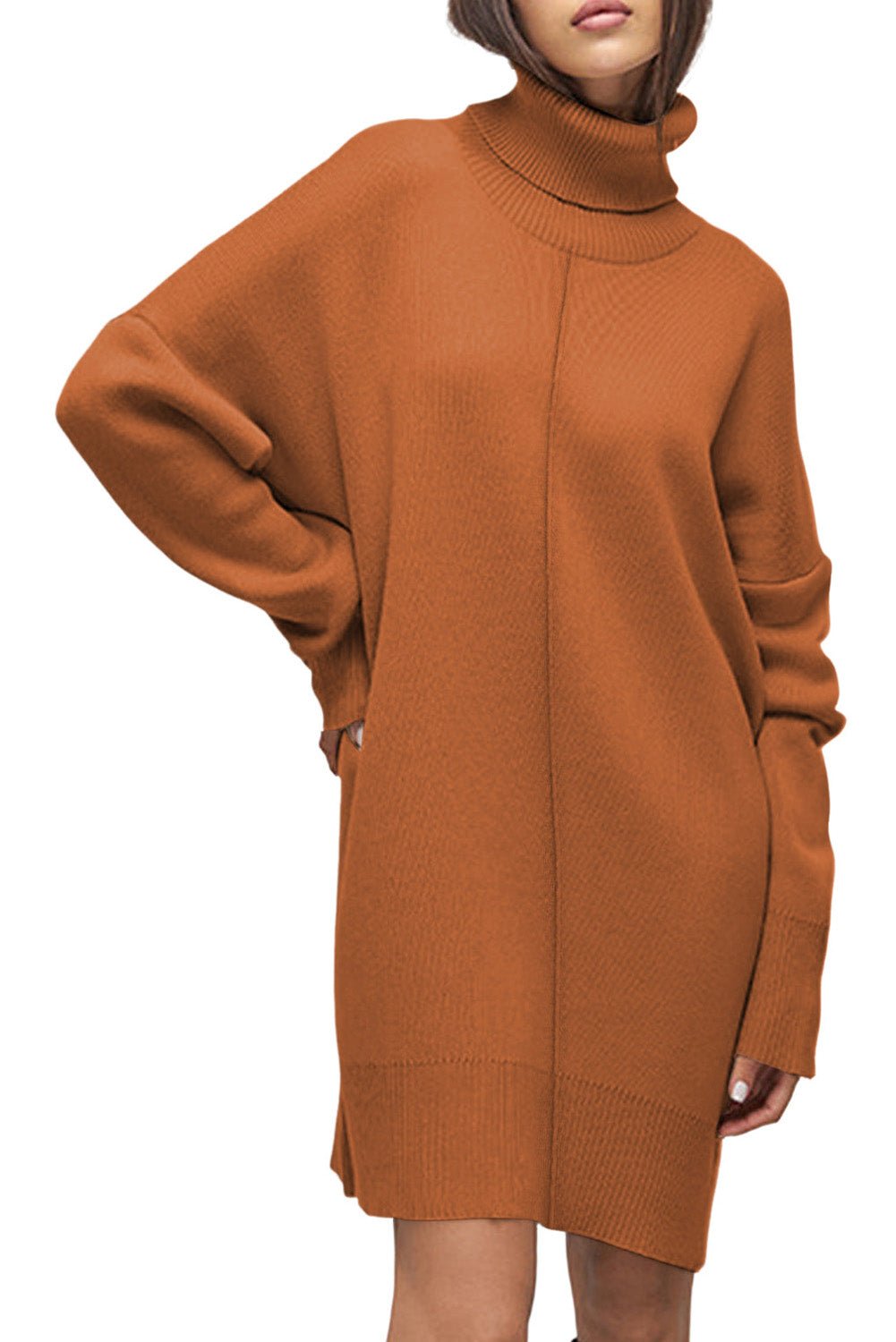 Gold Flame Solid Color Turtleneck Drop Shoulder Loose Sweater Dress - MAD RUFFI