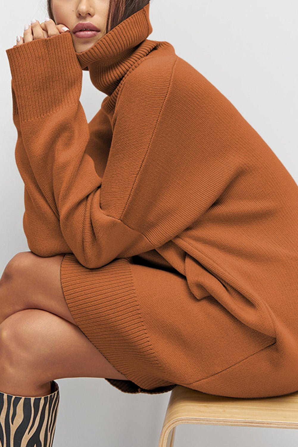 Gold Flame Solid Color Turtleneck Drop Shoulder Loose Sweater Dress - MAD RUFFI Gold Flame Solid Color Turtleneck Drop Shoulder Loose Sweater Dress - MAD RUFFI