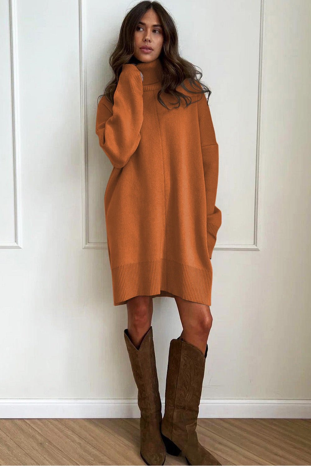 Gold Flame Solid Color Turtleneck Drop Shoulder Loose Sweater Dress - MAD RUFFI
