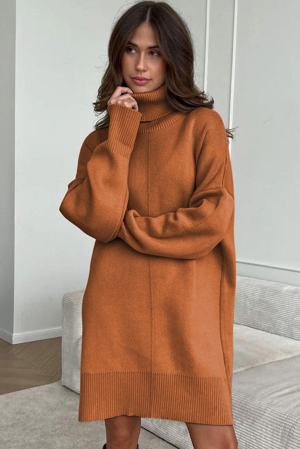 Gold Flame Solid Color Turtleneck Drop Shoulder Loose Sweater Dress - MAD RUFFI