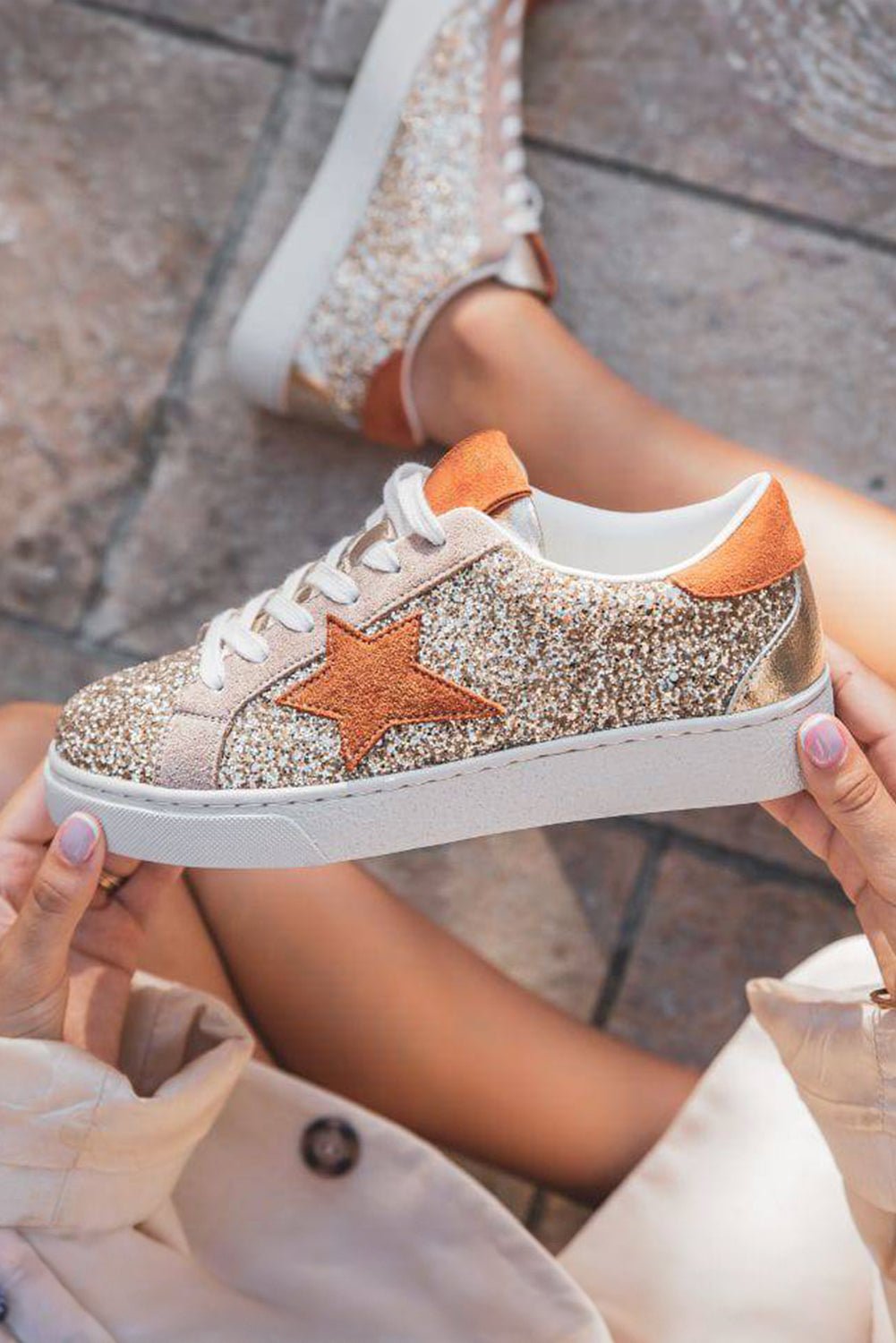Gold Glitter Star Lace Up Sneakers - MAD RUFFI
