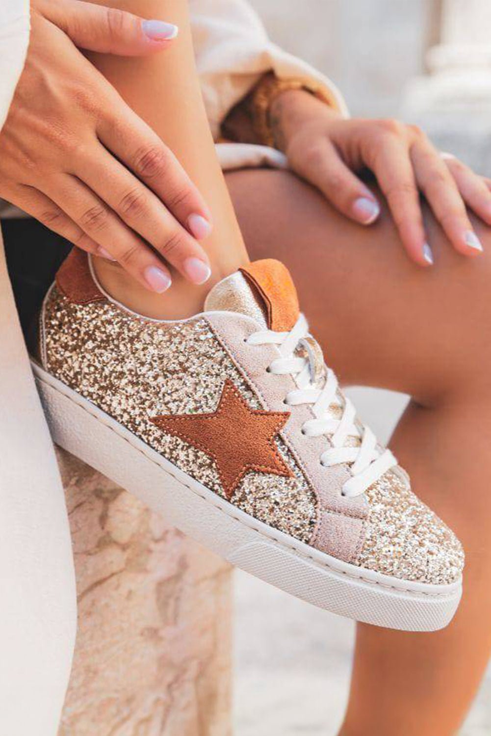 Gold Glitter Star Lace Up Sneakers - MAD RUFFI