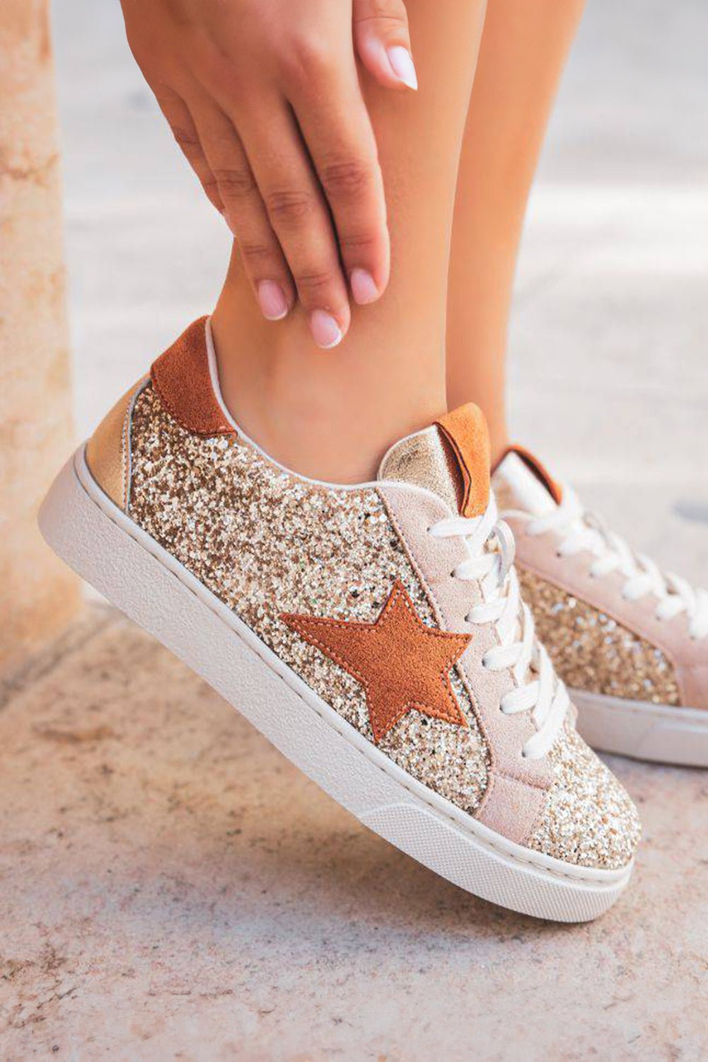 Gold Glitter Star Lace Up Sneakers - MAD RUFFI