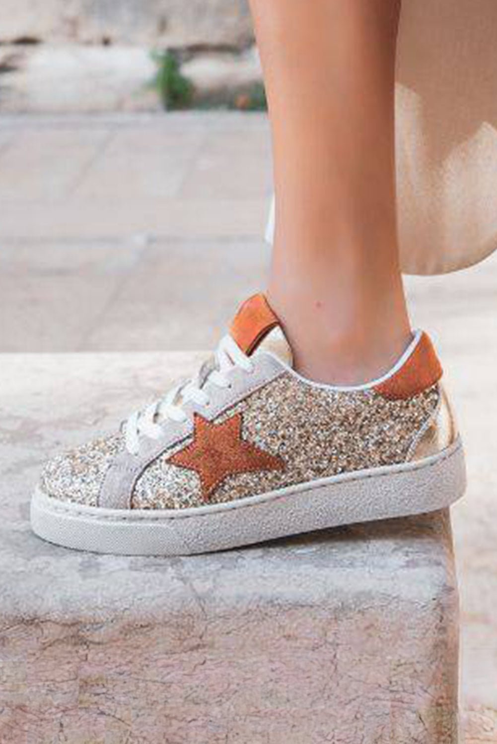 Gold Glitter Star Lace Up Sneakers - MAD RUFFI