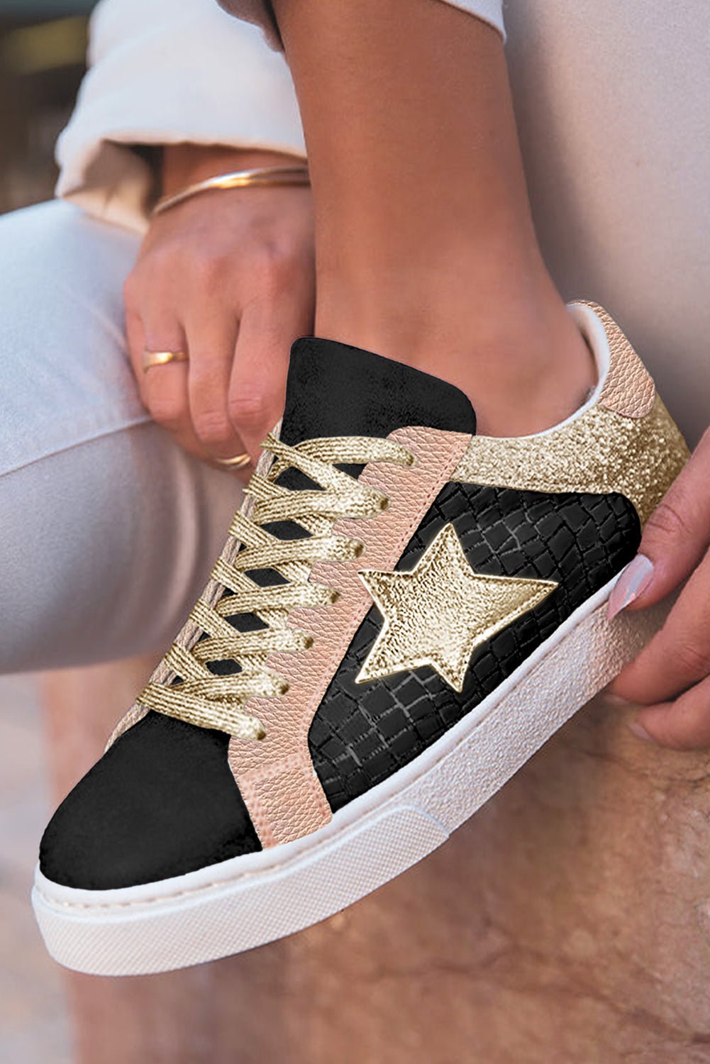 Gold Glitter Star Patchwork PU Leather Lace - up Sneakers - MAD RUFFI